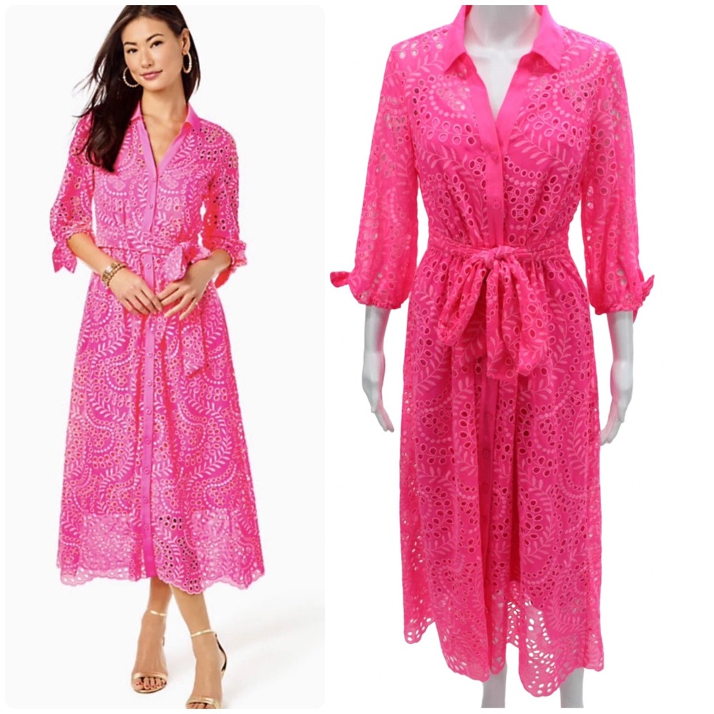 Lilly Pulitzer Pink Eyelet Midi Shirtdress Tie Waist Scallop Hem Summer Size 6